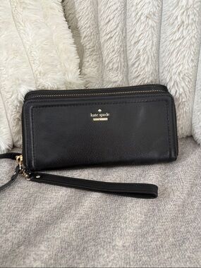 kate spade Black Leather Zip-Around Wristlet Wallet with Gold Hardware